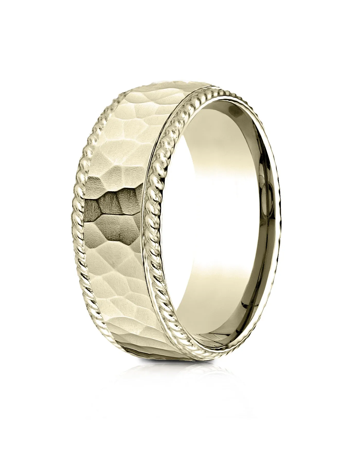 Benchmark 18k Yellow Gold 8mm Comfort-Fit Rope Edge Hammered Finish Design Band, (Sizes 4-15)