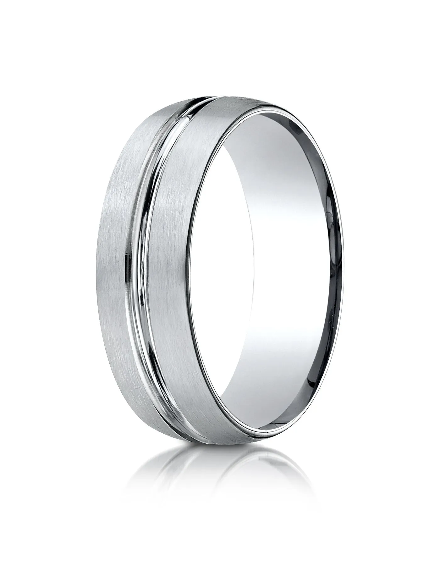 Benchmark Platinum 7mm Comfort-Fit Satin-Finish with High Polished Center Cut Carved Design Band ( 4-15)
