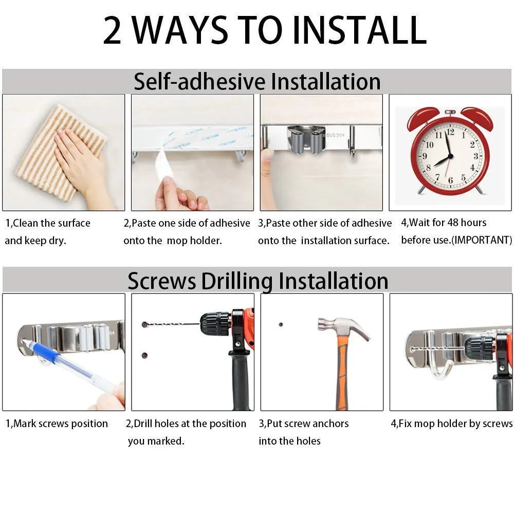Broom Mop Holder, Stainless Steel Heavy Duty Wall Mount Storage Organizer Tools Hanger with 3 Racks 4 Hooks for Kitchen Bathroom Closet Garage Office Garden (3 Racks 4 Hooks)