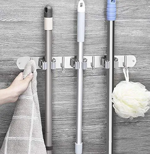 Broom Mop Holder, Stainless Steel Heavy Duty Wall Mount Storage Organizer Tools Hanger with 3 Racks 4 Hooks for Kitchen Bathroom Closet Garage Office Garden (3 Racks 4 Hooks)