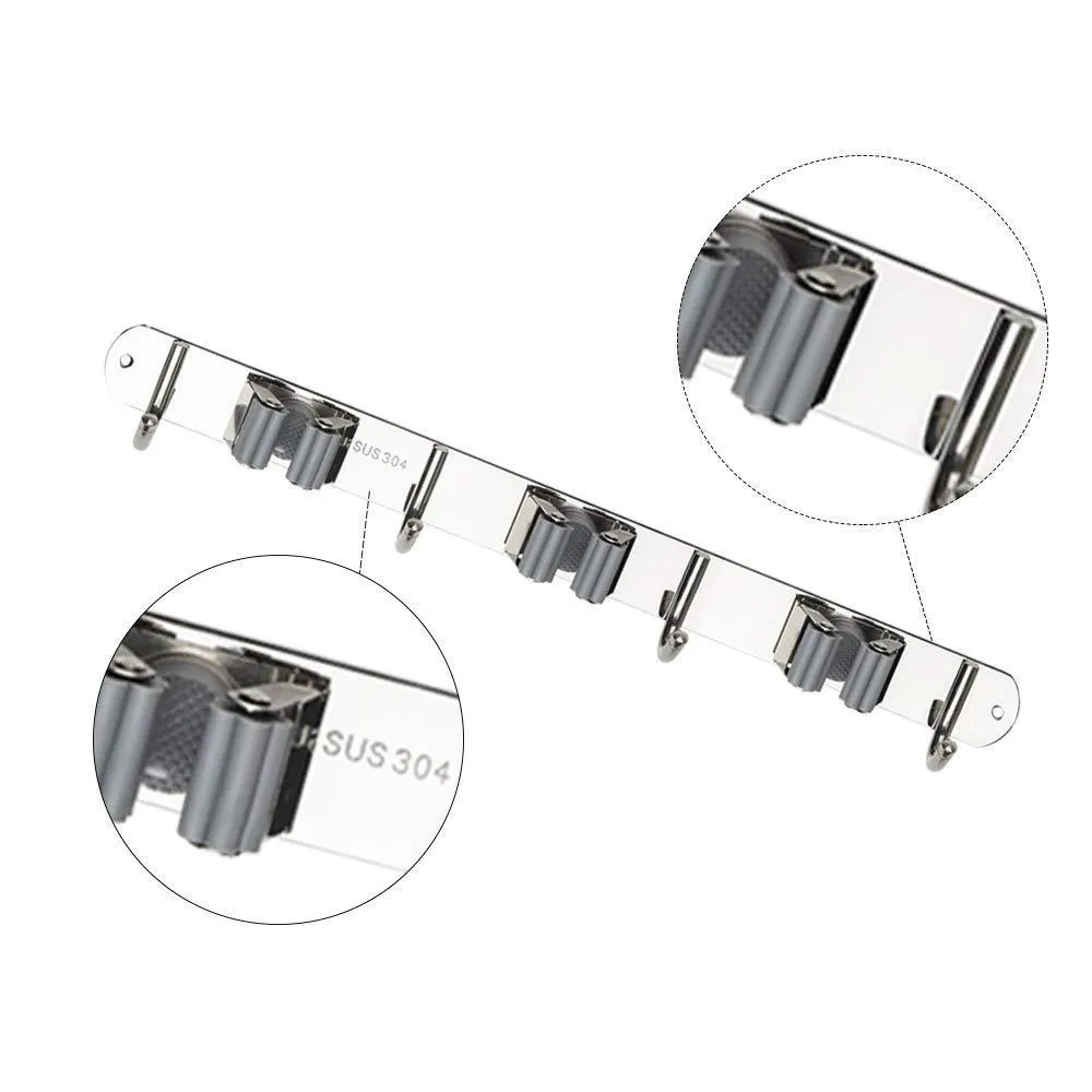 Broom Mop Holder, Stainless Steel Heavy Duty Wall Mount Storage Organizer Tools Hanger with 3 Racks 4 Hooks for Kitchen Bathroom Closet Garage Office Garden (3 Racks 4 Hooks)