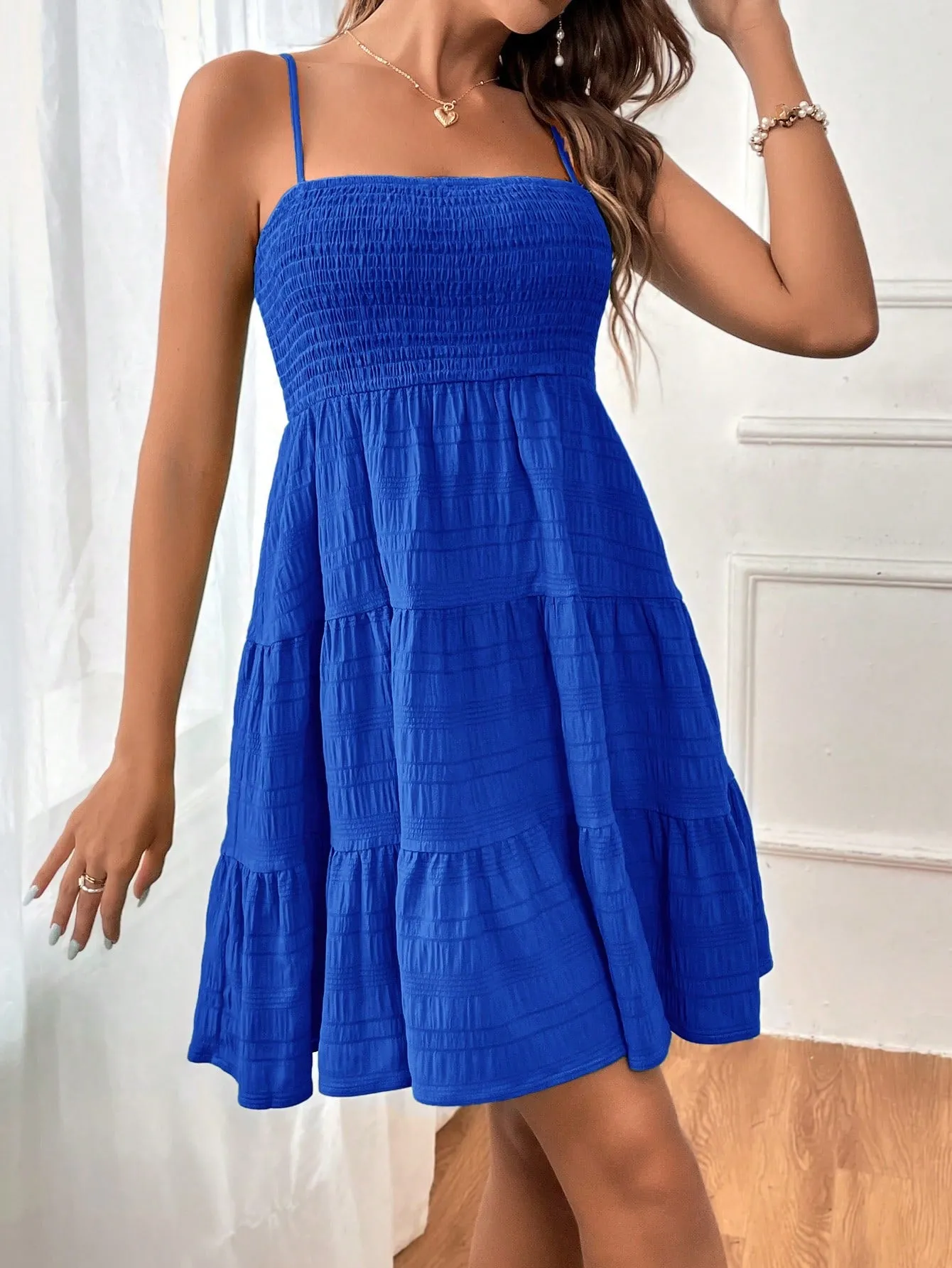 Cherry Vibes Vestido azul con volantes para primavera en