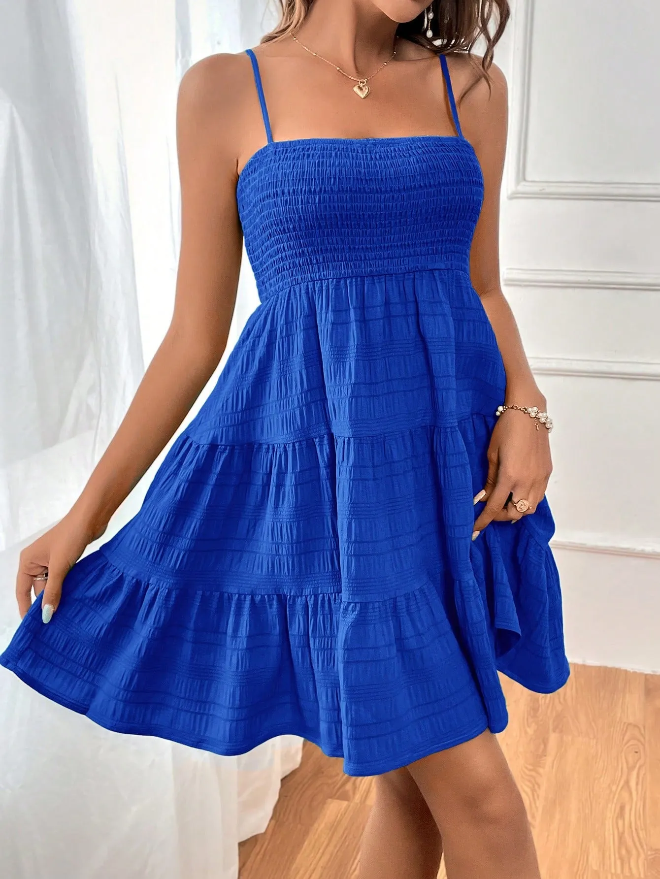 Cherry Vibes Vestido azul con volantes para primavera en
