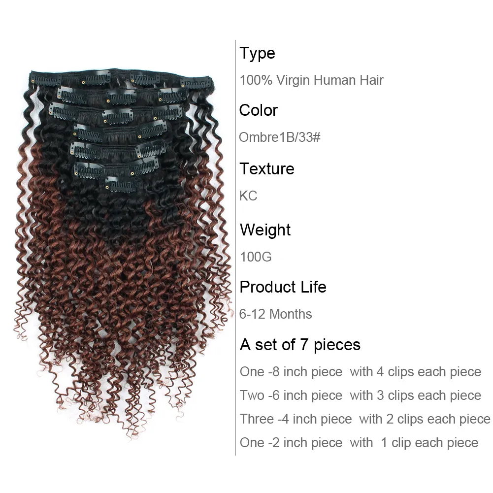 Clip in Hair Extension Kinky Curl Ombre Off Black to Dark Auburn
