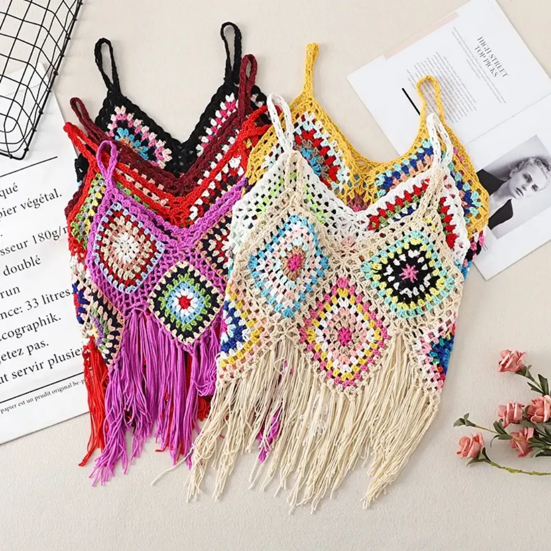 Crochet tank top multicoloured with granny squares motifs