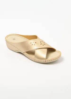 Crossed buckle mules with comfort width and coated wedge heel