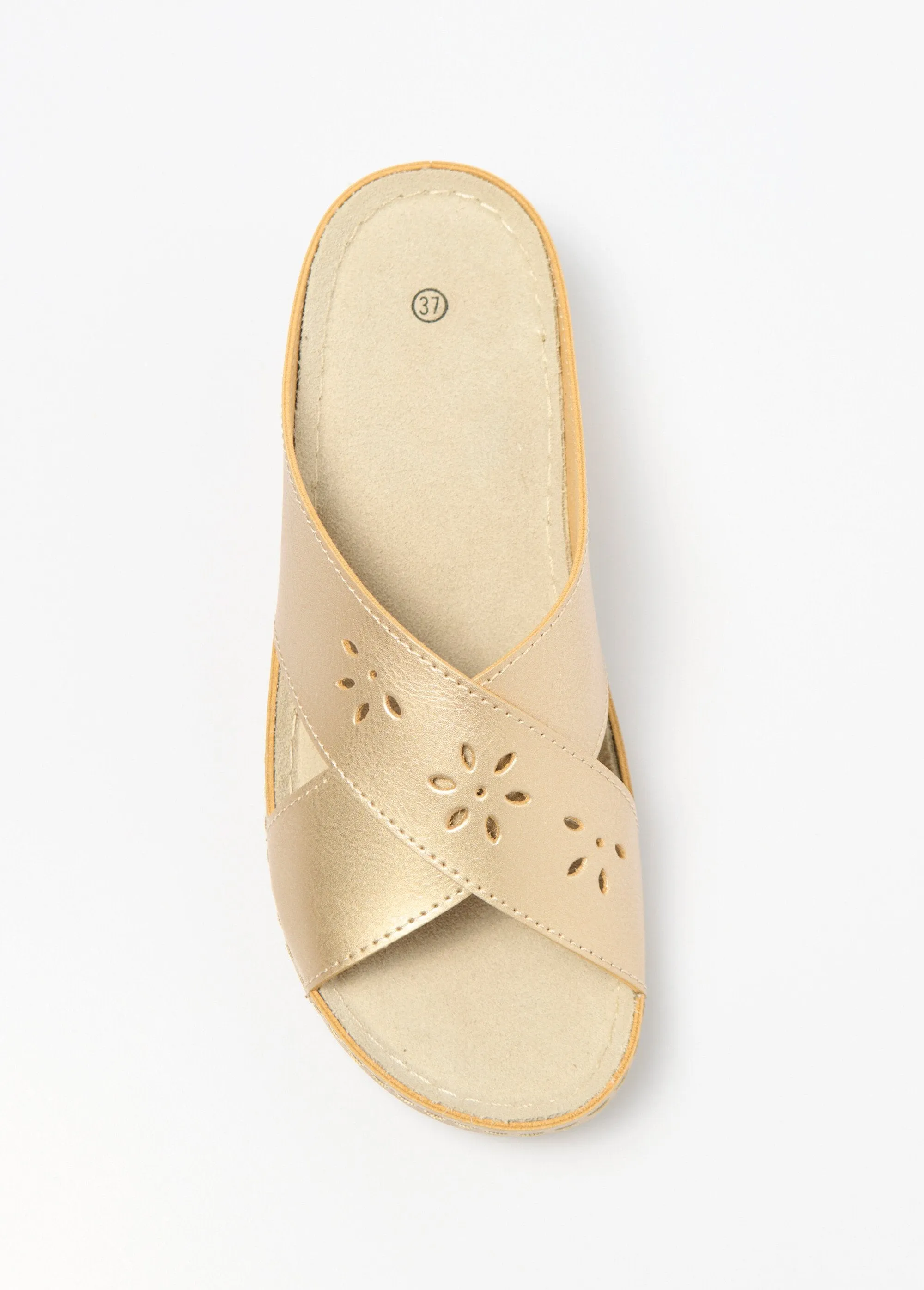 Crossed buckle mules with comfort width and coated wedge heel