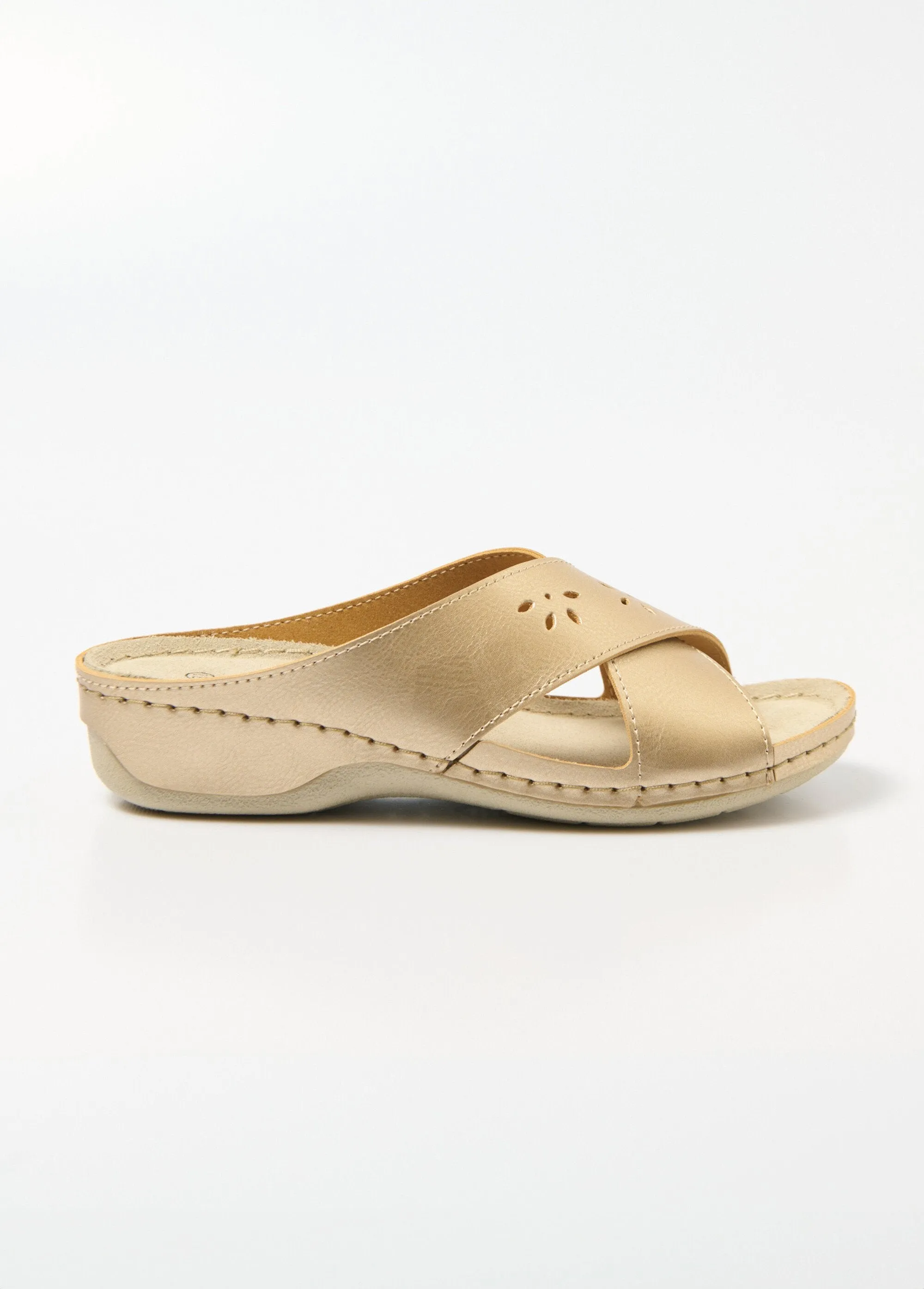 Crossed buckle mules with comfort width and coated wedge heel
