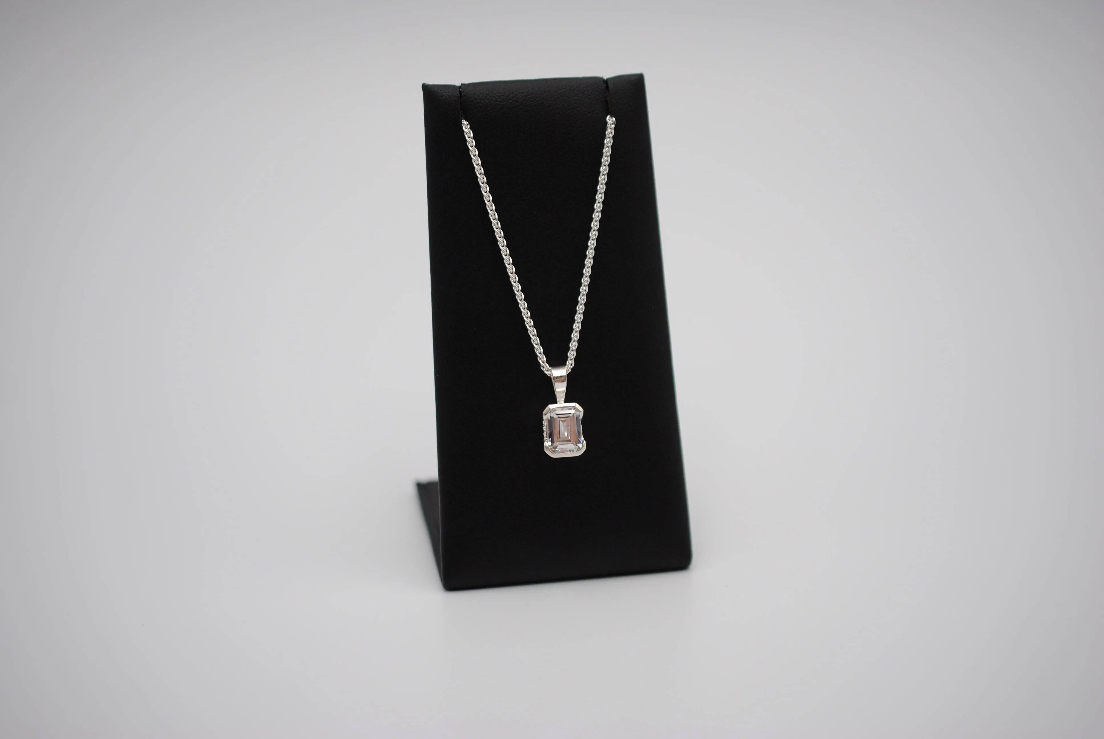 Cubic Zirconia Necklace: Emerald Cut, Silver Half Bezel, Adjustable Wheat Chain