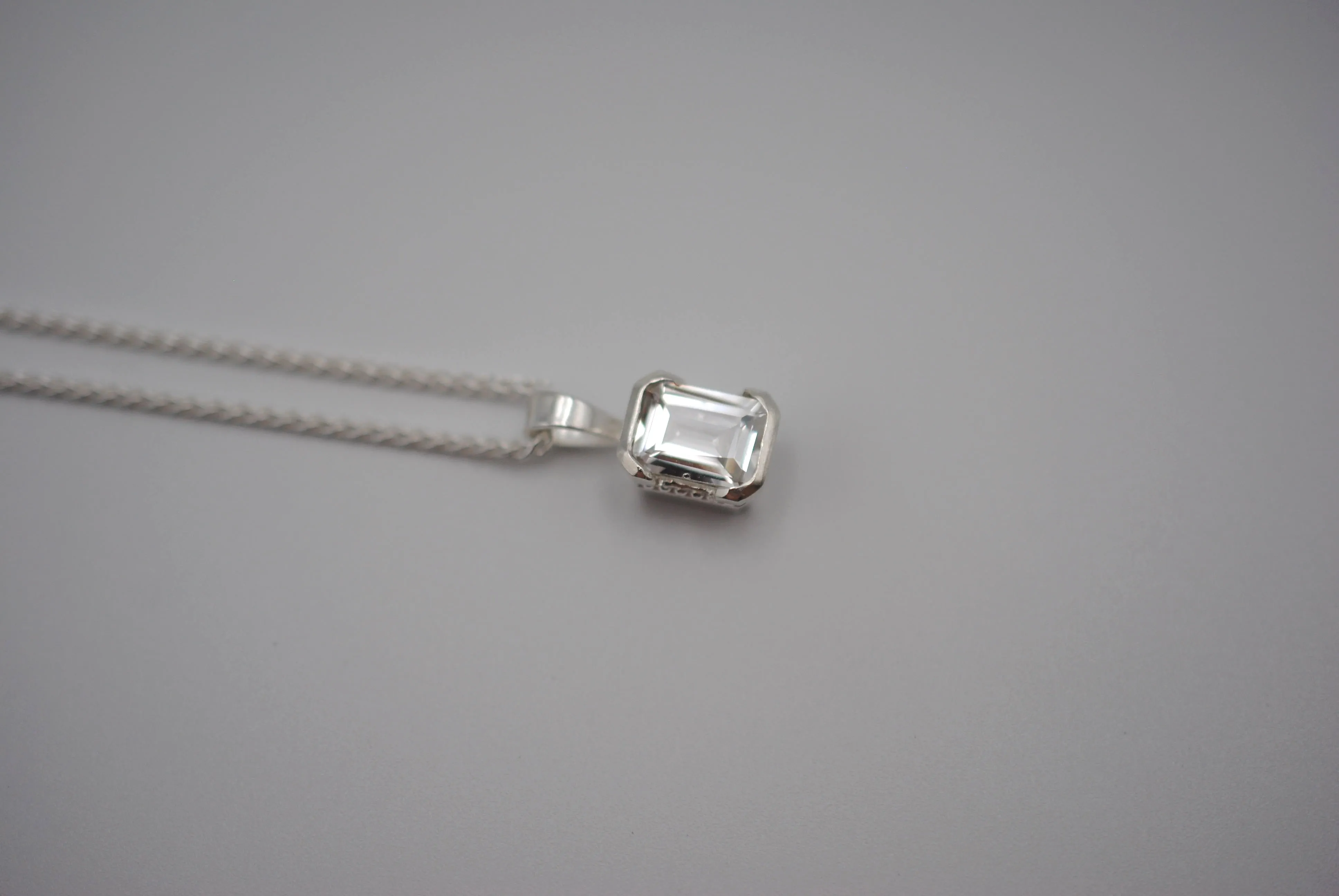 Cubic Zirconia Necklace: Emerald Cut, Silver Half Bezel, Adjustable Wheat Chain
