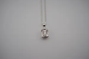 Cubic Zirconia Necklace: Emerald Cut, Silver Half Bezel, Adjustable Wheat Chain
