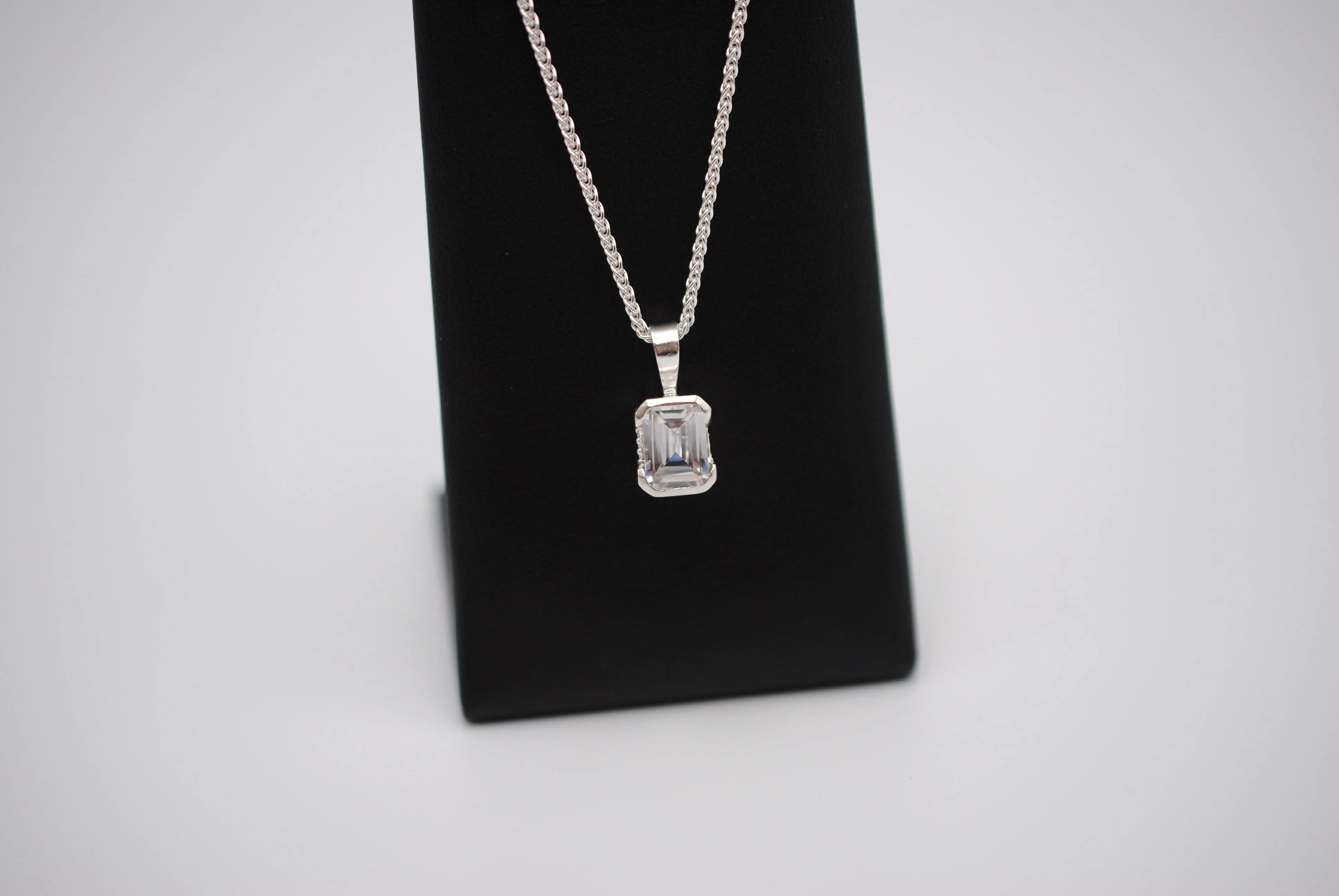 Cubic Zirconia Necklace: Emerald Cut, Silver Half Bezel, Adjustable Wheat Chain