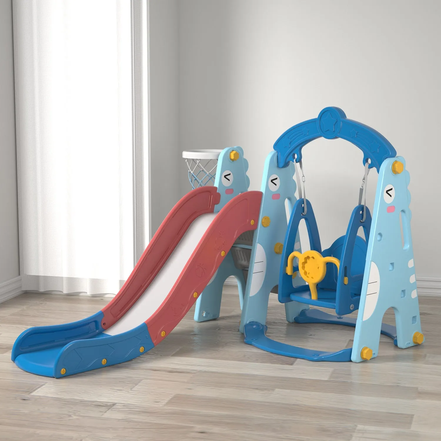 Dinosaur 3 in 1 Kids Slide and Swing Set with Basketball Hoop
