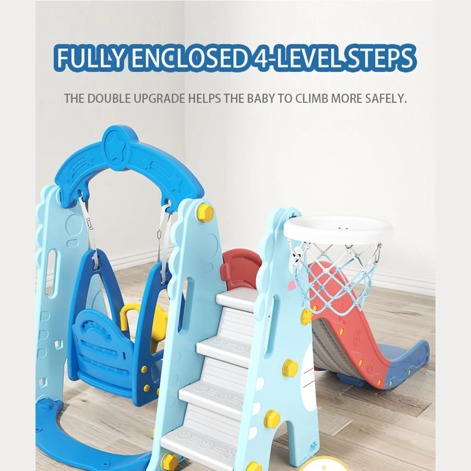 Dinosaur 3 in 1 Kids Slide and Swing Set with Basketball Hoop