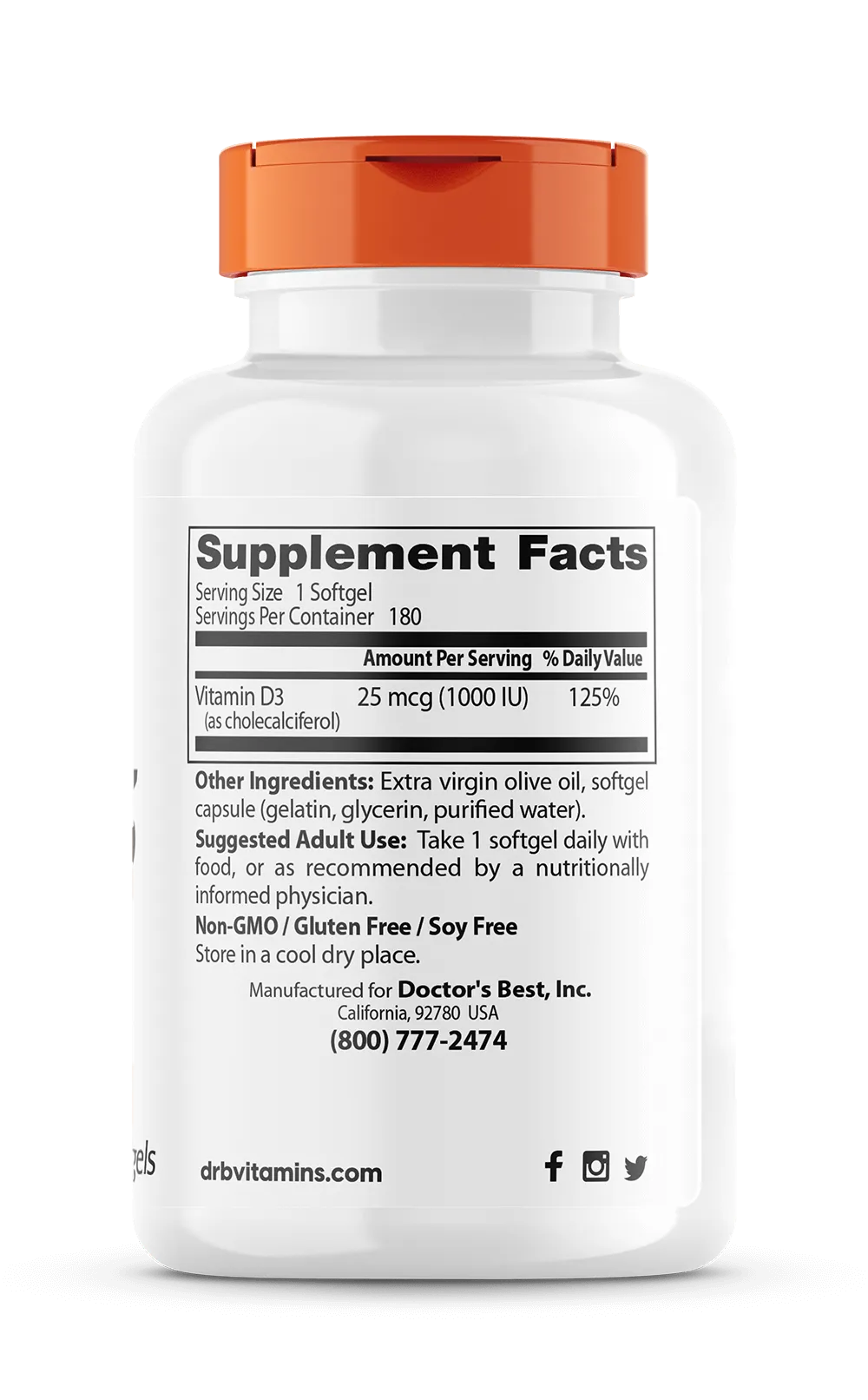 Doctor's Best Vitamin D3 1000IU, 180 sgls