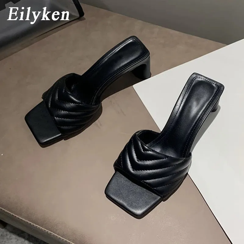 Eilyken Fashion Elegant Slippers Womens High Quality Solid Cozy PU Leather Square Toe Sandals Femme Low Heel Party Dress Shoes