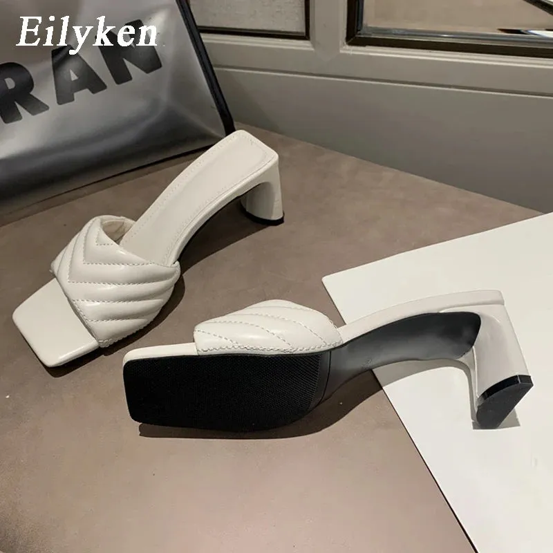 Eilyken Fashion Elegant Slippers Womens High Quality Solid Cozy PU Leather Square Toe Sandals Femme Low Heel Party Dress Shoes