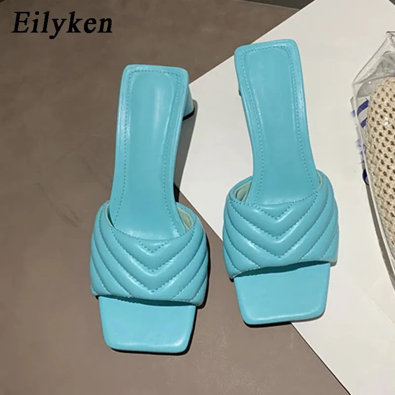 Eilyken Fashion Elegant Slippers Womens High Quality Solid Cozy PU Leather Square Toe Sandals Femme Low Heel Party Dress Shoes