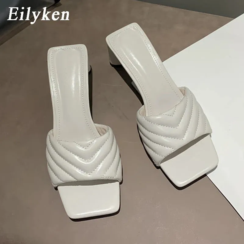 Eilyken Fashion Elegant Slippers Womens High Quality Solid Cozy PU Leather Square Toe Sandals Femme Low Heel Party Dress Shoes