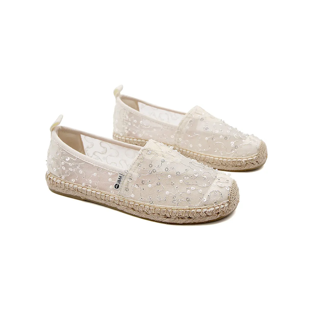 Handmade Women’s Slip-On Espadrille Mesh Loafers Flats in White-05710W