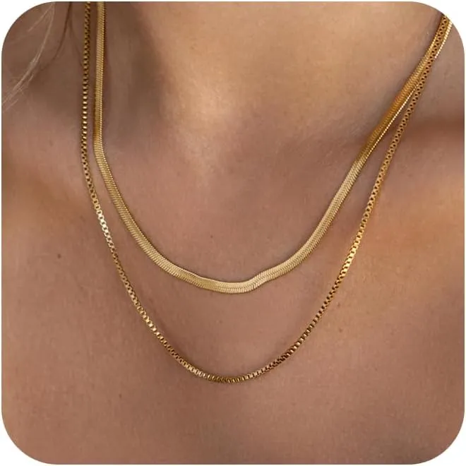 Herringbone Necklace for Women,Dainty Gold Necklace,14k Gold Plated Snake,Gold Chain Choker Necklaces,Simple Gold Layered Necklaces,Gold Jewelry Gift for Women