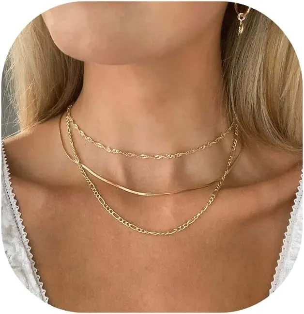 Herringbone Necklace for Women,Dainty Gold Necklace,14k Gold Plated Snake,Gold Chain Choker Necklaces,Simple Gold Layered Necklaces,Gold Jewelry Gift for Women