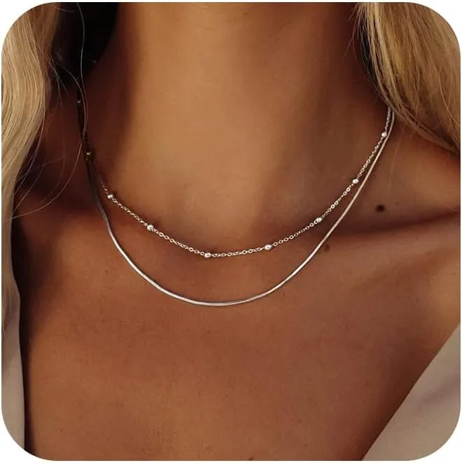 Herringbone Necklace for Women,Dainty Gold Necklace,14k Gold Plated Snake,Gold Chain Choker Necklaces,Simple Gold Layered Necklaces,Gold Jewelry Gift for Women