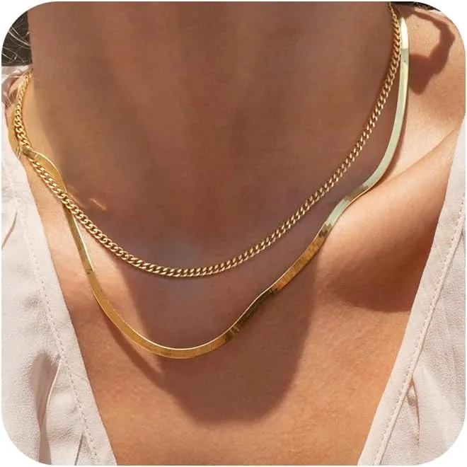 Herringbone Necklace for Women,Dainty Gold Necklace,14k Gold Plated Snake,Gold Chain Choker Necklaces,Simple Gold Layered Necklaces,Gold Jewelry Gift for Women