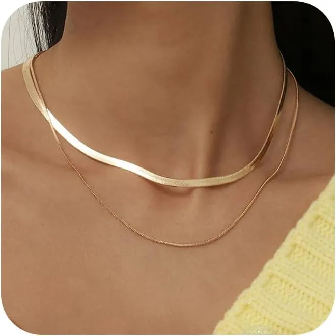 Herringbone Necklace for Women,Dainty Gold Necklace,14k Gold Plated Snake,Gold Chain Choker Necklaces,Simple Gold Layered Necklaces,Gold Jewelry Gift for Women