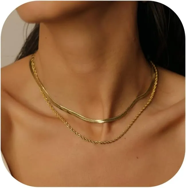 Herringbone Necklace for Women,Dainty Gold Necklace,14k Gold Plated Snake,Gold Chain Choker Necklaces,Simple Gold Layered Necklaces,Gold Jewelry Gift for Women