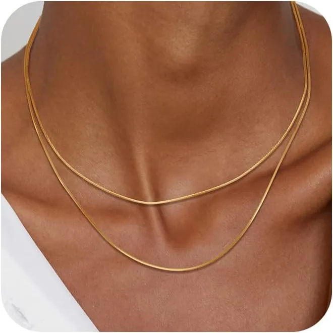 Herringbone Necklace for Women,Dainty Gold Necklace,14k Gold Plated Snake,Gold Chain Choker Necklaces,Simple Gold Layered Necklaces,Gold Jewelry Gift for Women