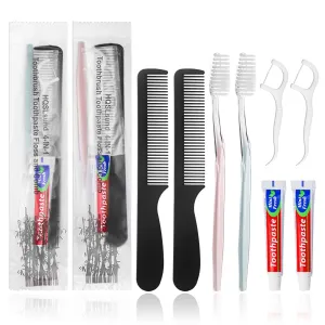 HQSLsund 50pcs Disposable Toothbrushes with Toothpaste and Comb Floss Individually Wrapped, 4-in-1 Bulk Toothbrush Kit with 2 Color Toothbrush,10g Toothpaste,7 inch Comb, Floss Pick for Homeless,Hotel