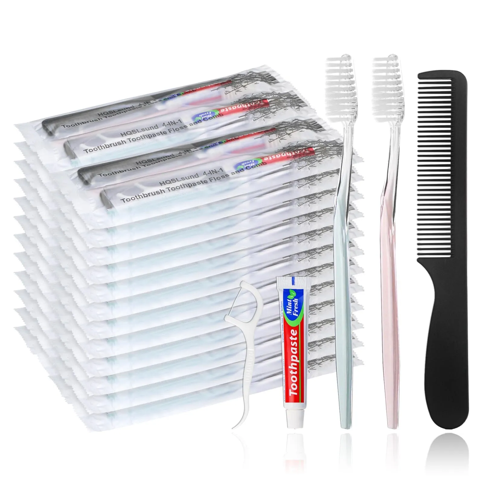 HQSLsund 50pcs Disposable Toothbrushes with Toothpaste and Comb Floss Individually Wrapped, 4-in-1 Bulk Toothbrush Kit with 2 Color Toothbrush,10g Toothpaste,7 inch Comb, Floss Pick for Homeless,Hotel