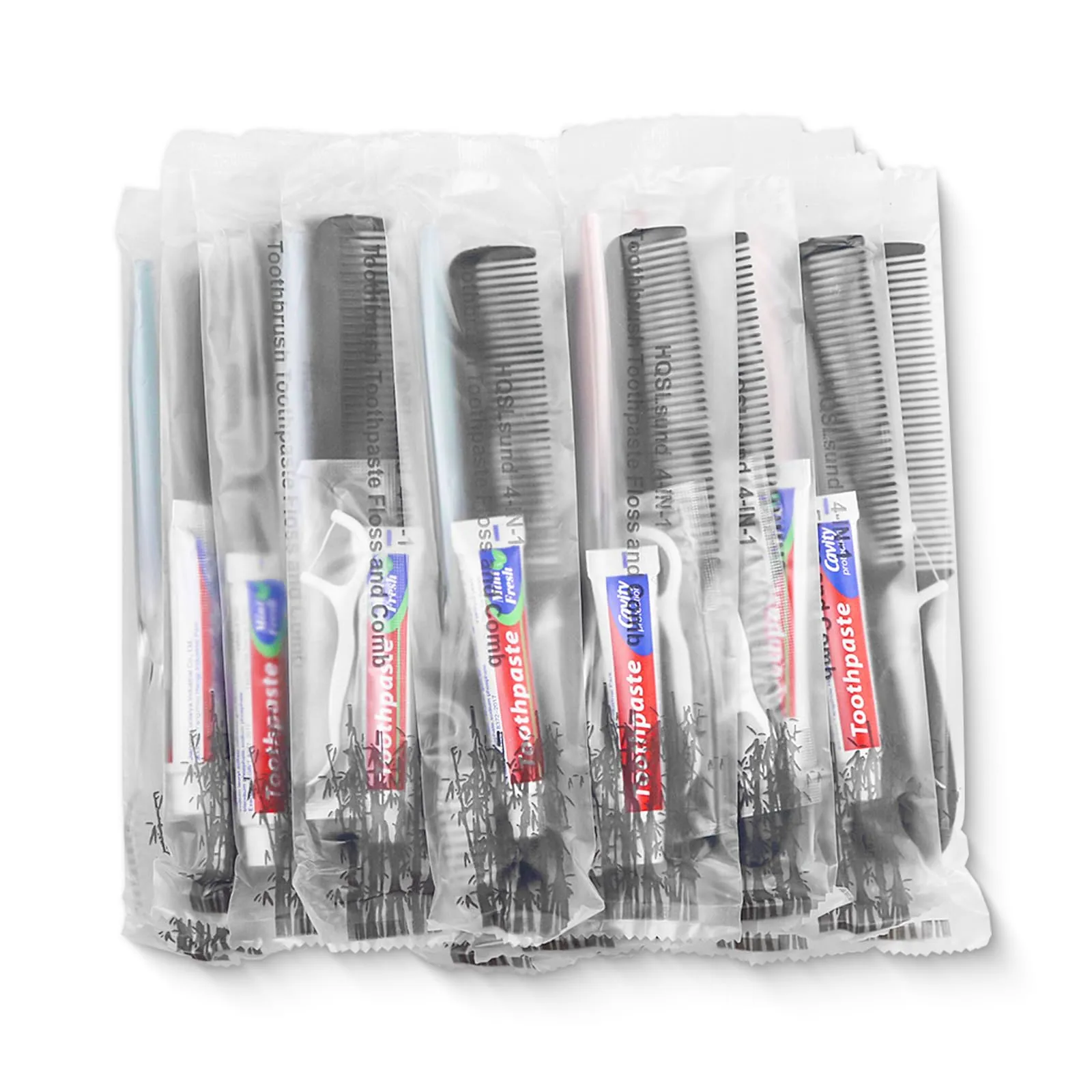 HQSLsund 50pcs Disposable Toothbrushes with Toothpaste and Comb Floss Individually Wrapped, 4-in-1 Bulk Toothbrush Kit with 2 Color Toothbrush,10g Toothpaste,7 inch Comb, Floss Pick for Homeless,Hotel