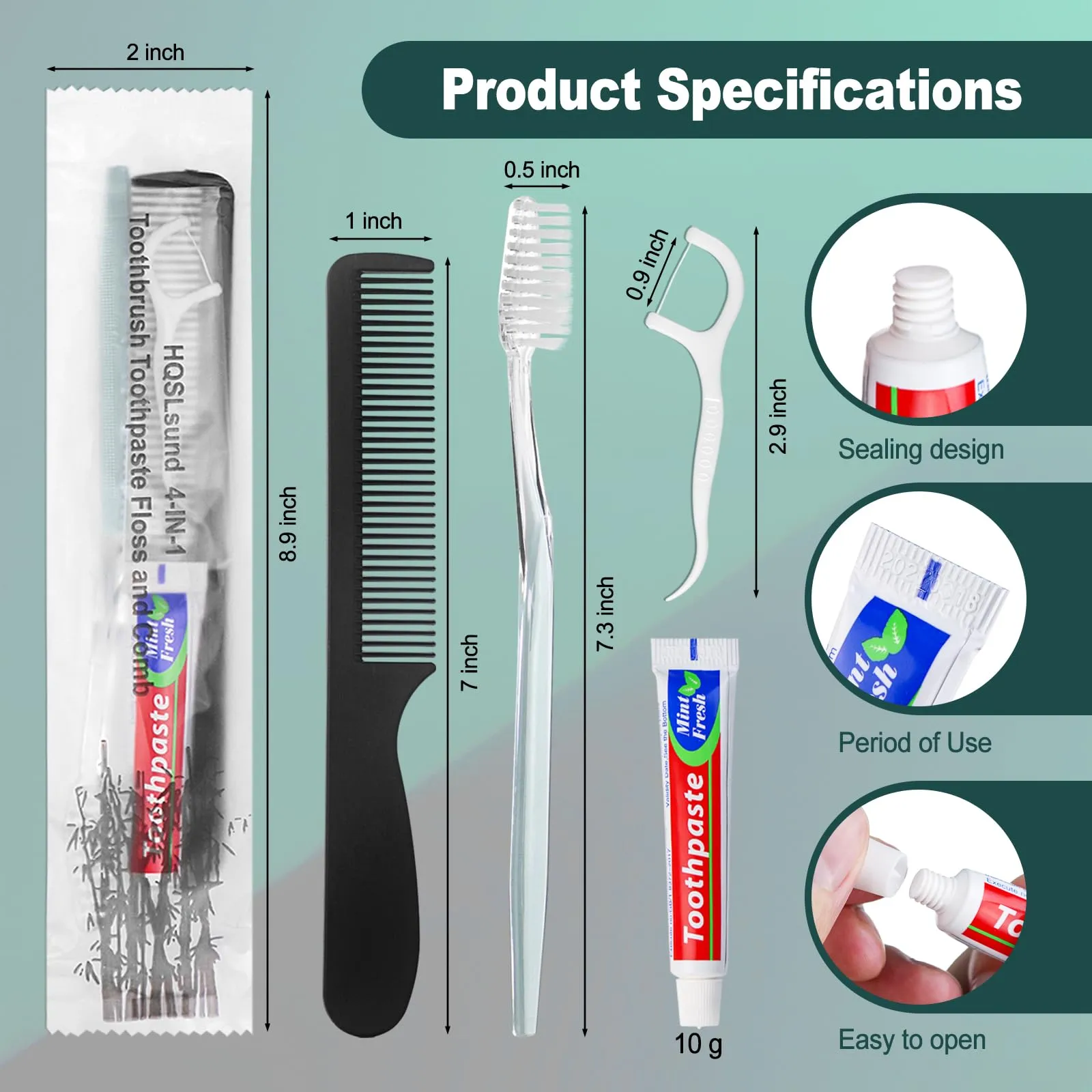 HQSLsund 50pcs Disposable Toothbrushes with Toothpaste and Comb Floss Individually Wrapped, 4-in-1 Bulk Toothbrush Kit with 2 Color Toothbrush,10g Toothpaste,7 inch Comb, Floss Pick for Homeless,Hotel
