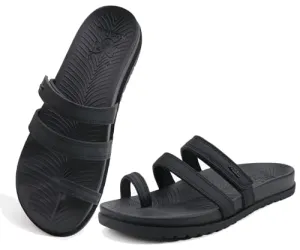 KuaiLu Womens Slides Sandals With Arch Support Comfort Plantar Fasciitis Yoga Mat Cushion Sandals Fashion Summer Beach Walking Adjustable Ladies Flat Orthotic Slip On Sandles Black Size 8.5