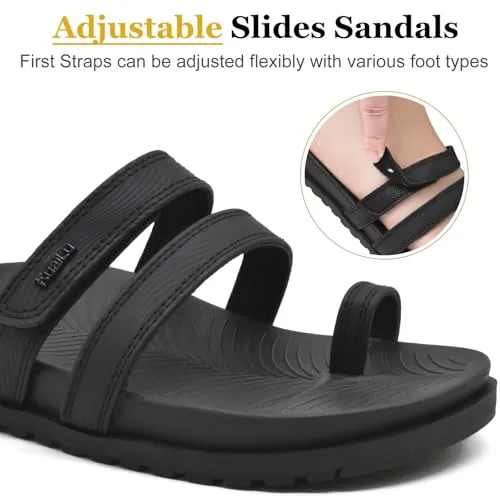 KuaiLu Womens Slides Sandals With Arch Support Comfort Plantar Fasciitis Yoga Mat Cushion Sandals Fashion Summer Beach Walking Adjustable Ladies Flat Orthotic Slip On Sandles Black Size 8.5