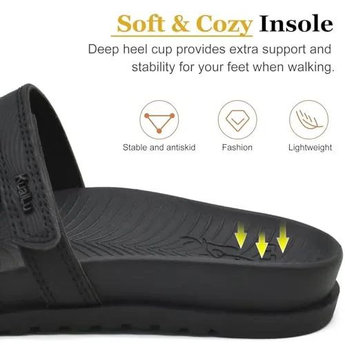 KuaiLu Womens Slides Sandals With Arch Support Comfort Plantar Fasciitis Yoga Mat Cushion Sandals Fashion Summer Beach Walking Adjustable Ladies Flat Orthotic Slip On Sandles Black Size 8.5