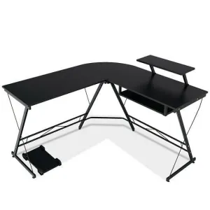 L Shaped Computer Desk Home Office Workstation with Movable Monitor Stand-Black