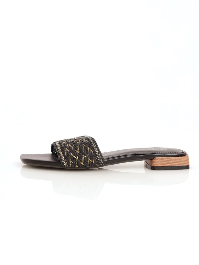 Ladies Basket Weave Mule Sandal On Low Block Heel - Black