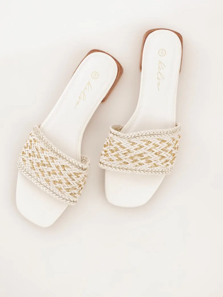 Ladies Basket Weave Mule Sandal On Low Block Heel - White