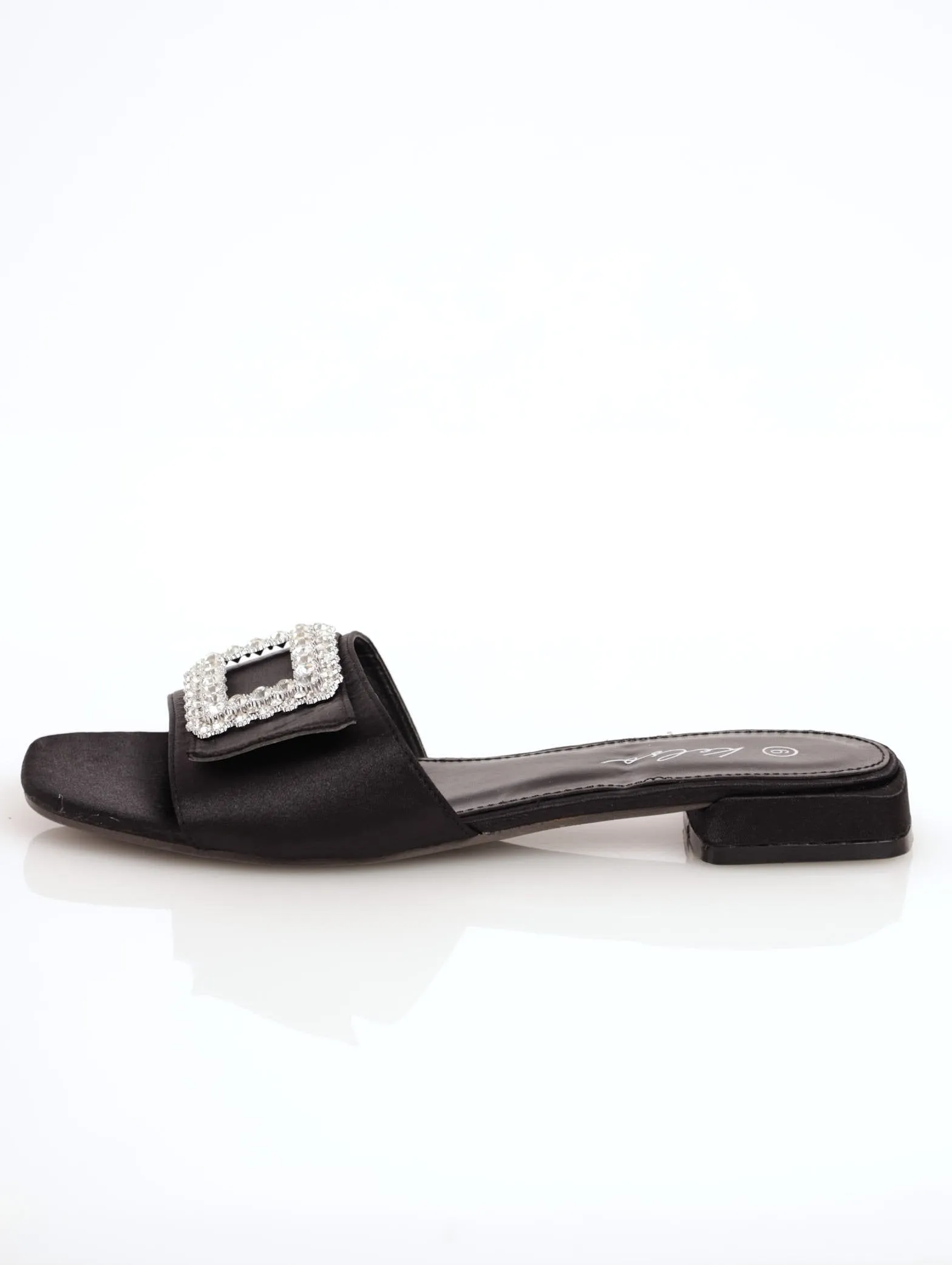 Ladies Low Block Heel Mule Sandal With Brooch - Black