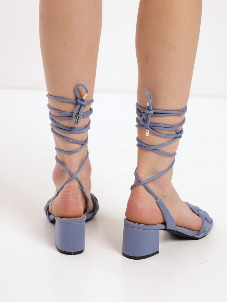 Ladies Low Block Puffy Plait Mule Heel With Ankle Tie - Blue