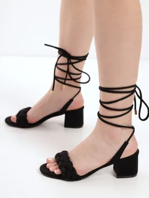 Ladies Low-Block Puffy Plait Mule Sandal With Ankle Tie - Black