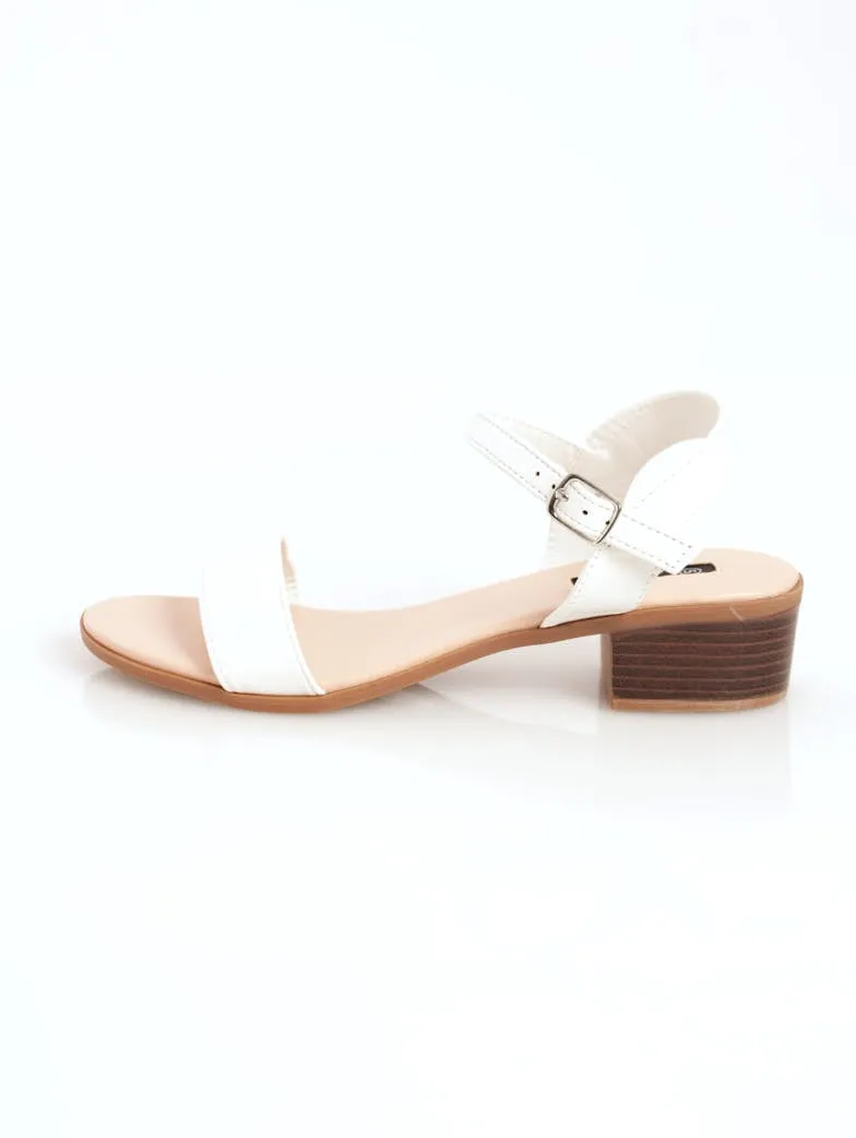 Ladies Low Block Stack Heel Ankle-Strap Mule Sandal - White