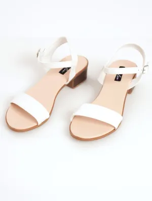Ladies Low Block Stack Heel Ankle-Strap Mule Sandal - White