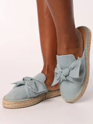 Ladies Round Toe Push-In Loafer Espadrille With Bow - Blue