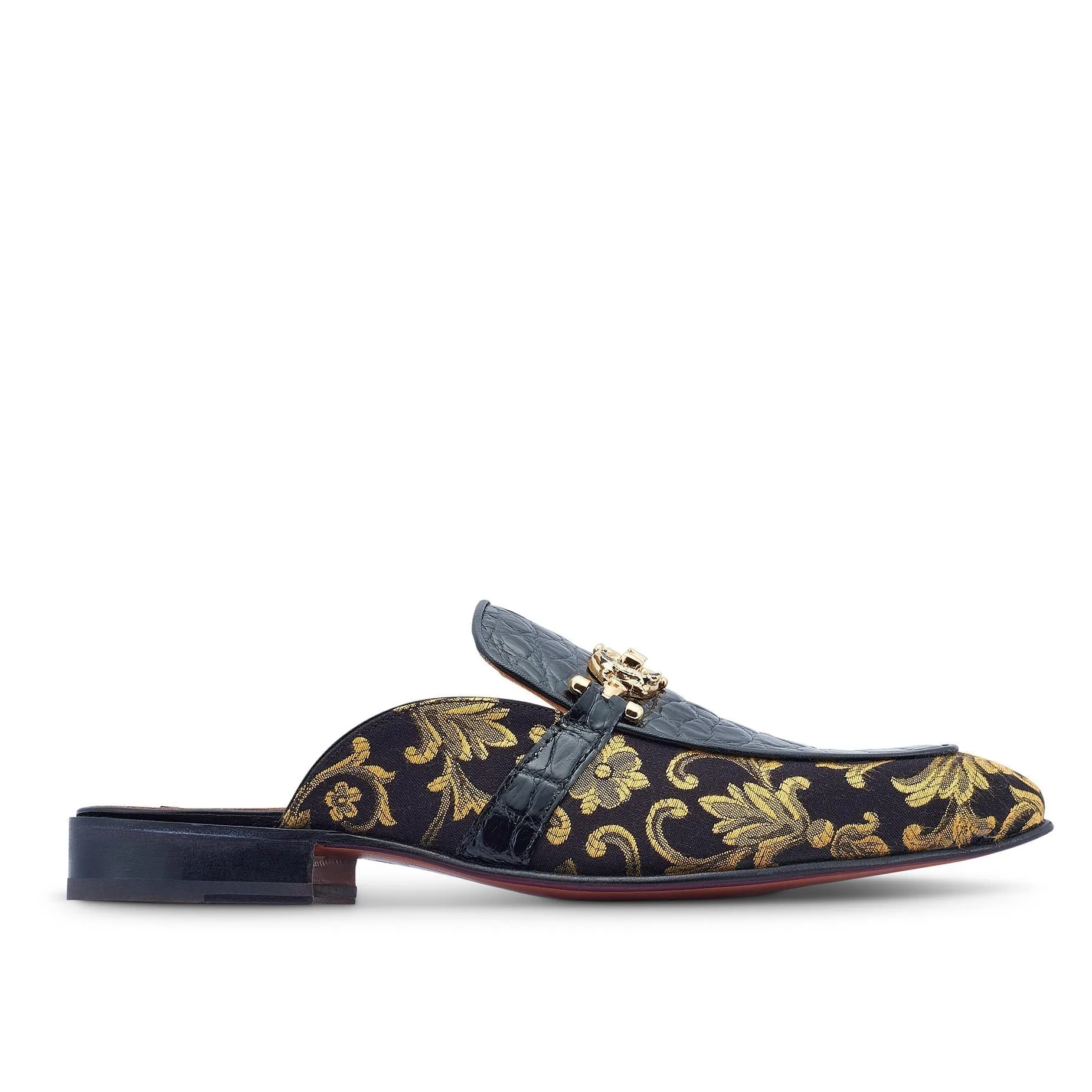 Mauri Bermuda in Black Mens Exotic Ostrich Leg / Gobelins Fabric High End Horsebit Mules