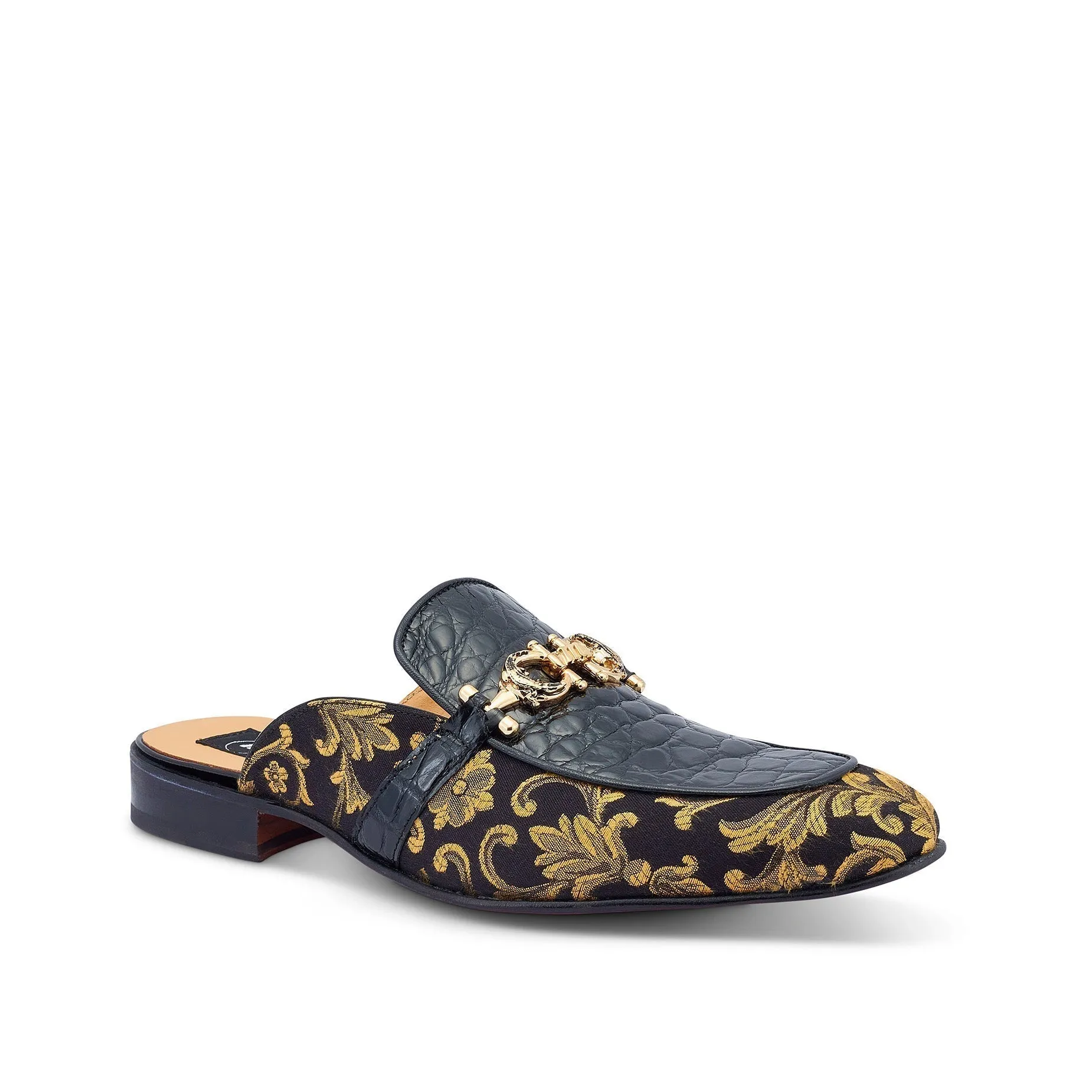 Mauri Bermuda in Black Mens Exotic Ostrich Leg / Gobelins Fabric High End Horsebit Mules