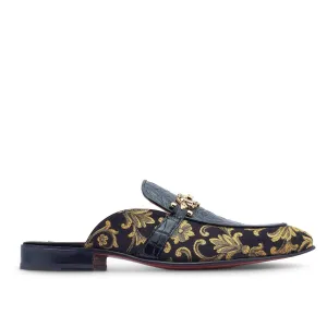 Mauri Bermuda in Black Mens Exotic Ostrich Leg / Gobelins Fabric High End Horsebit Mules